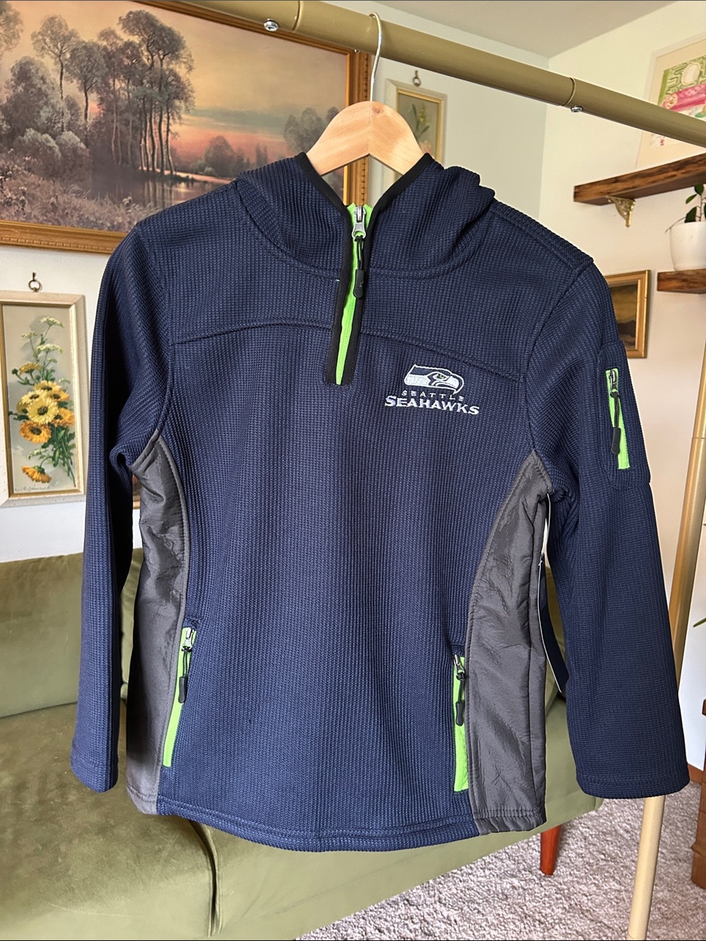 NWT NFL Seattle Seahawks Youth Navy Pullover Jacket with Neon Green Accents